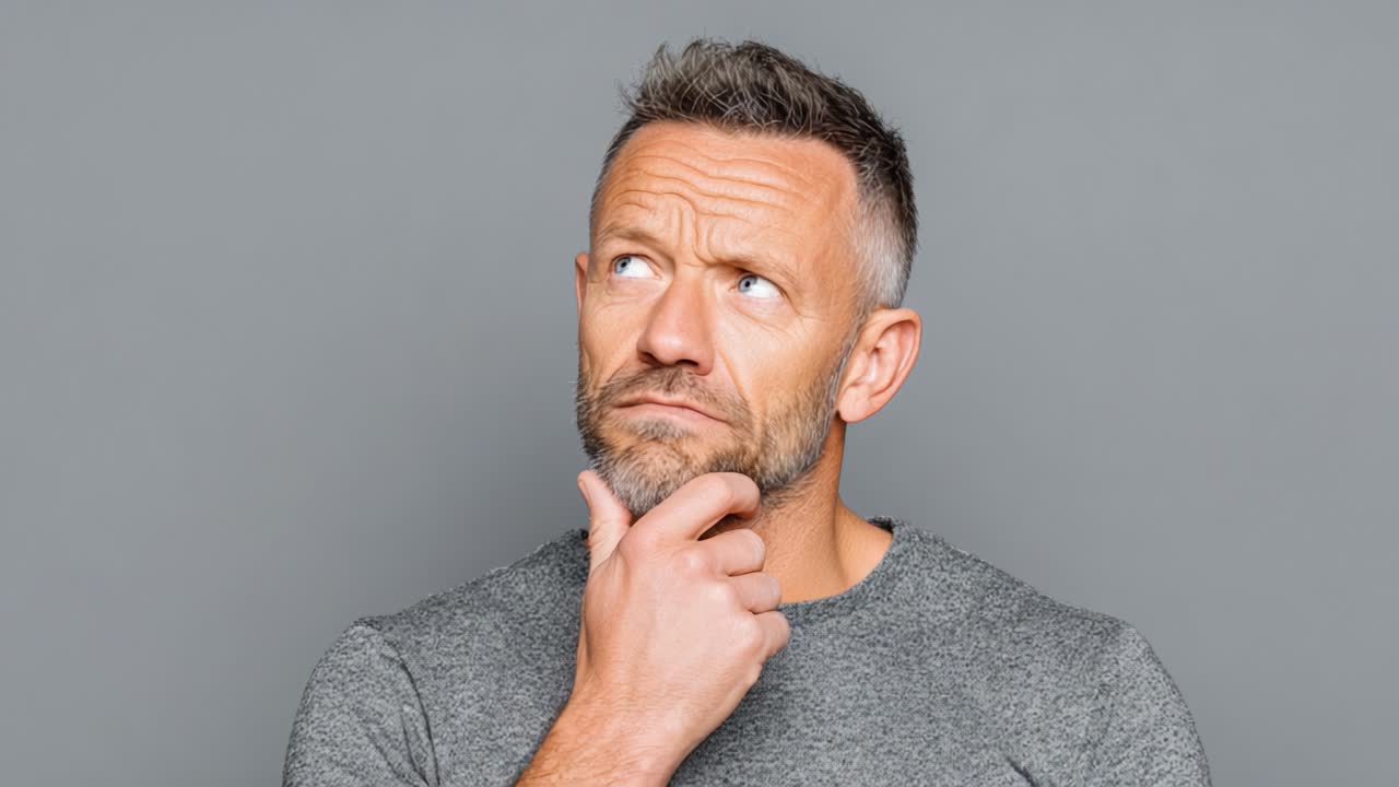 A Thoughtful Individual Reflecting Deeply with a Pensive Expression and Contemplative Gesture on a Plain Background, Conveying Feelings of Uncertainty and Insight