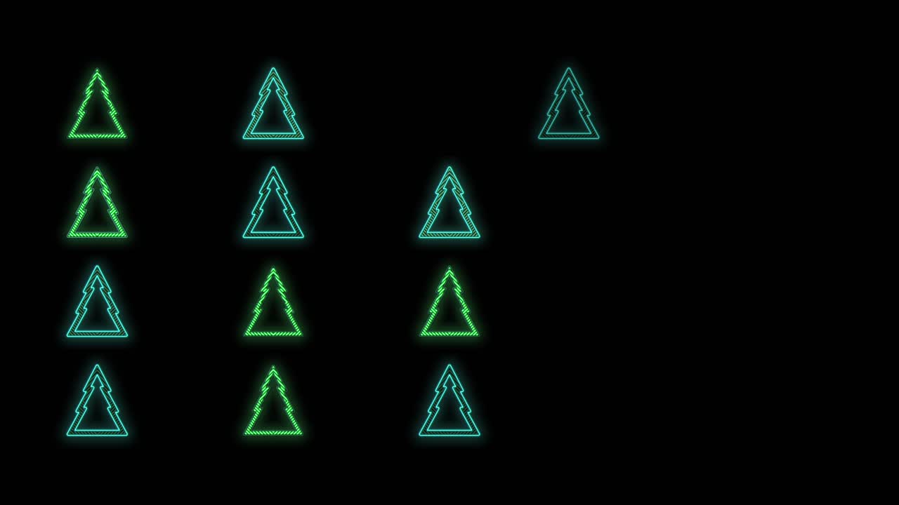 patrón de árboles de navidad con luz led de neón sobre degradado negro.