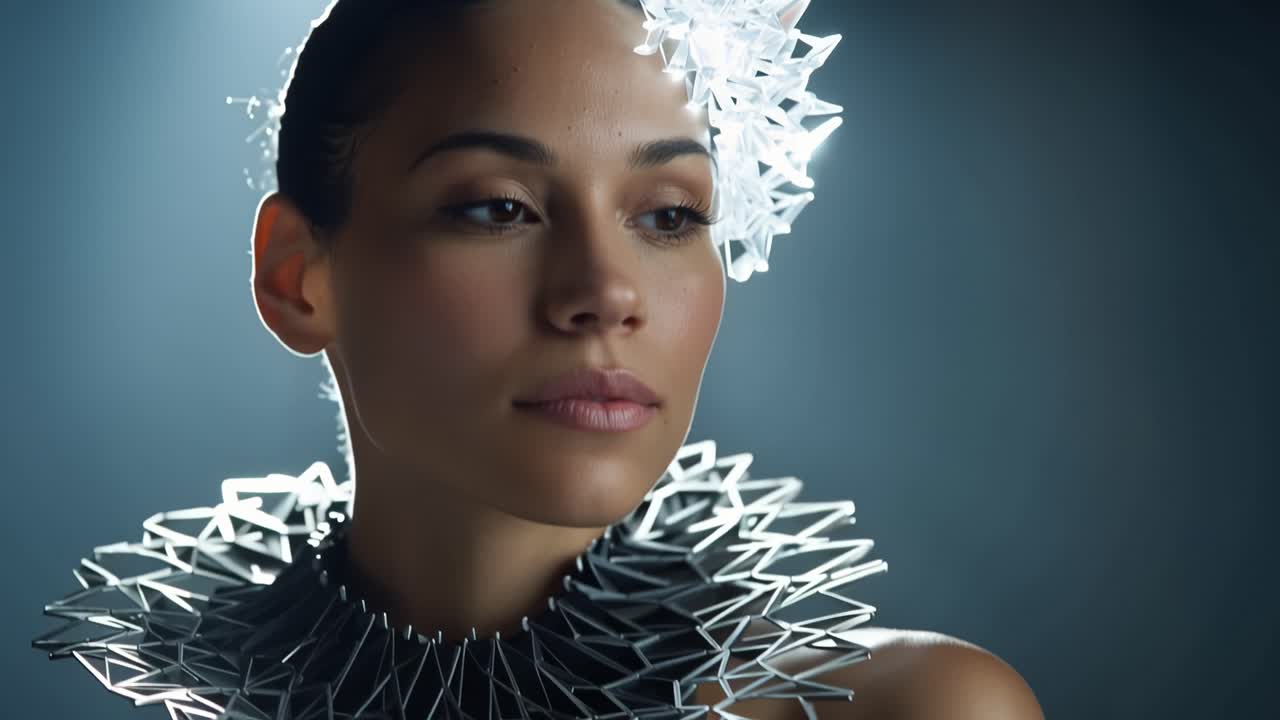 Dark background highlights a poised woman. Her gaze holds quiet confidence. Glowing, crystalline crown rests atop her head. Jagged, metallic collar frames her neck