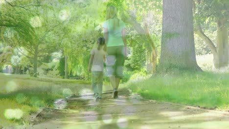 composite video of flowing water against rear view of mother holding hands walking with her daughter