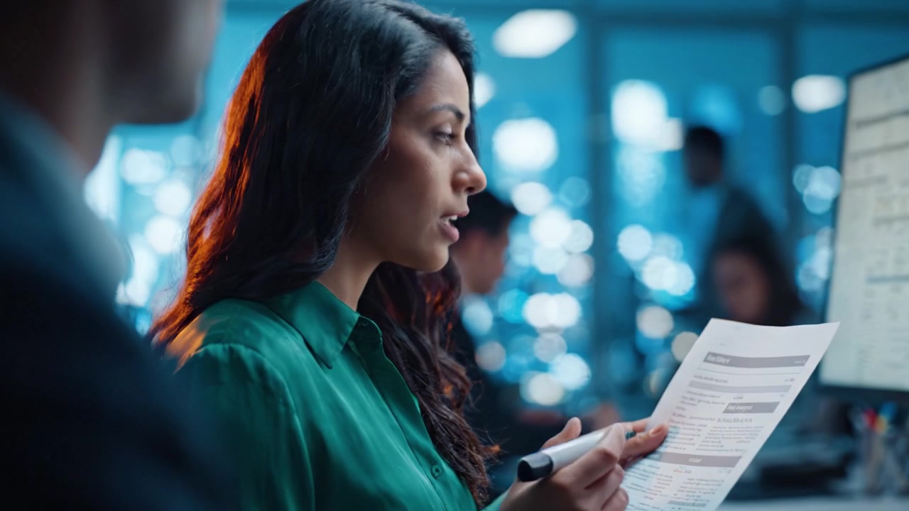 Focused Professional Examines Document for Detailed Analysis in Modern Workspace Setting with Blurred Background and Colleagues Engaged in Tasks Around.