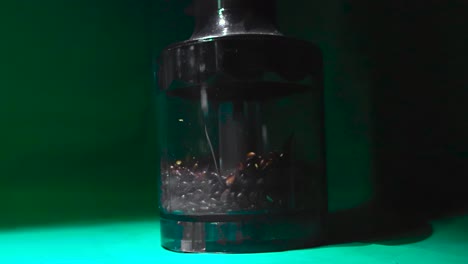 close up footage of unquidonia or chaenomeles japonica dark brown seed being blended, mixed and spinning in slow motion in a blender that is on a green background in a studio under good lights.