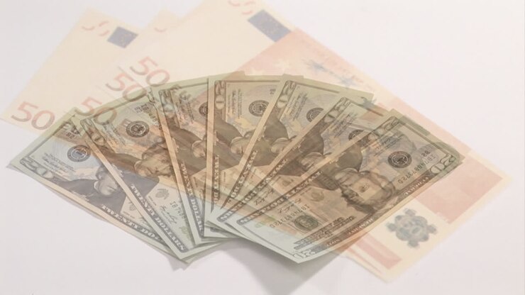 Animation de billets de 20 dollars sur une table, superposée à des billets de 50 euros qui tombent sur fond blanc