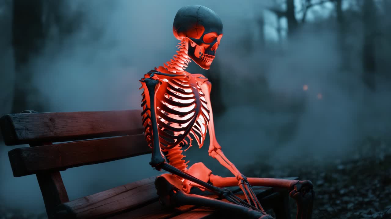 Skeleton seated on a bench in a foggy forest, illuminated with eerie glowing light