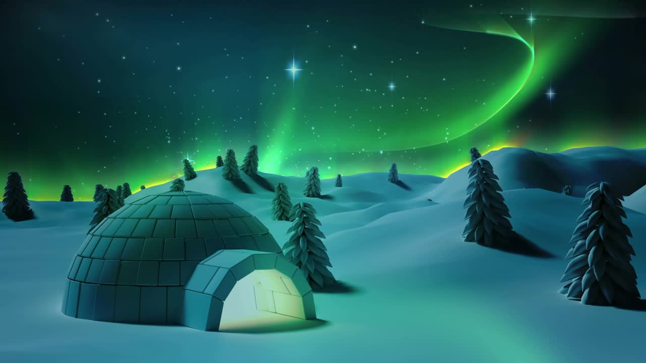 At start igloo scene unfolding, strokes tracing Christmas, flakes drifting for festive scene