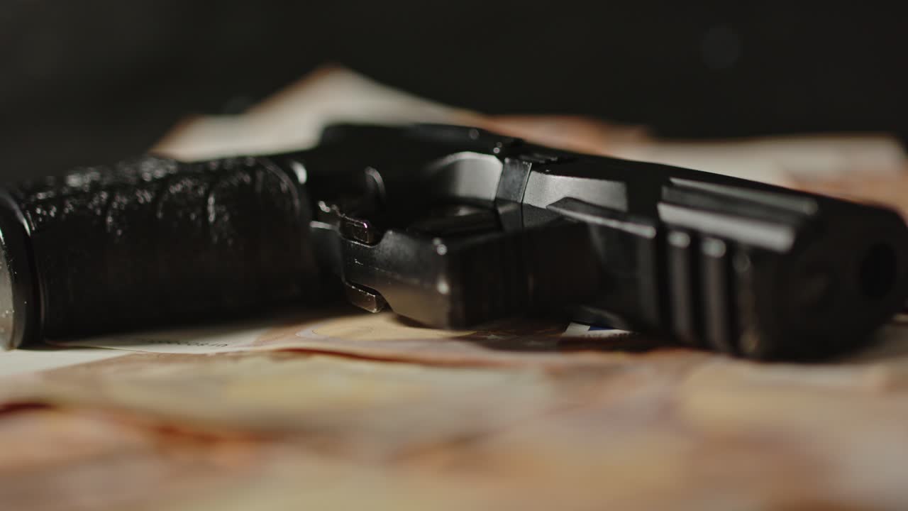 Beautiful dolly of a handgun laying on a pile of money with flashing police sirens