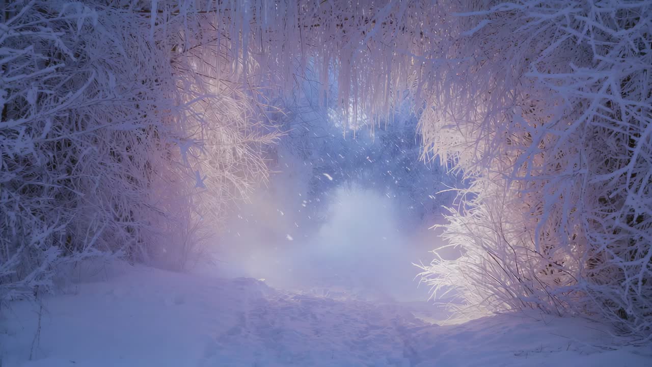 Tihenevä usva täyttää keskellä olevaa lumista tunnelia metsässä, pehmeä valo lämmittää oikean puolen jääpuikkoja