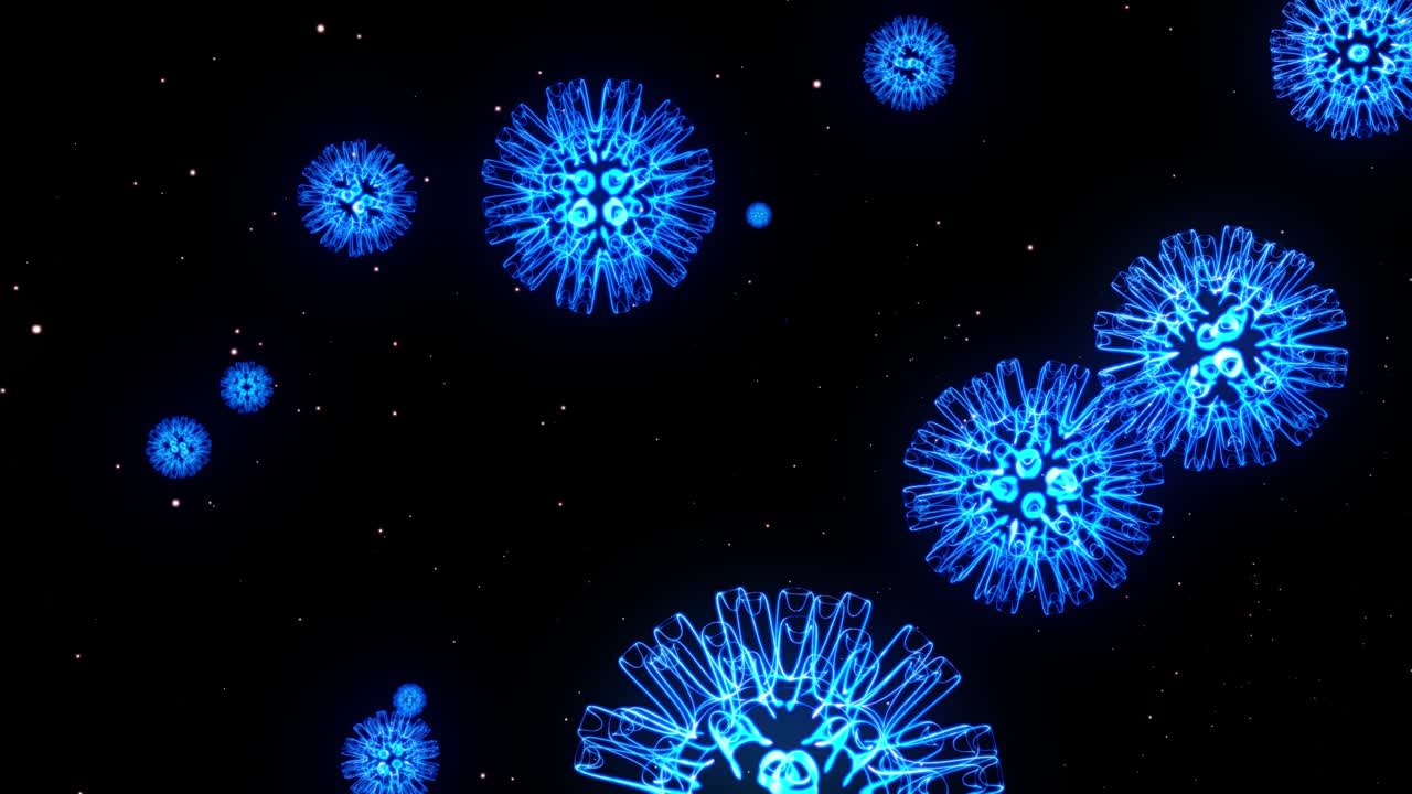 blue glowing holographic image of coronavirus like covid-19 virus or influenza virus flies in air or float smoothly on black background. 3D animation in 4k looped. For informational presentation.