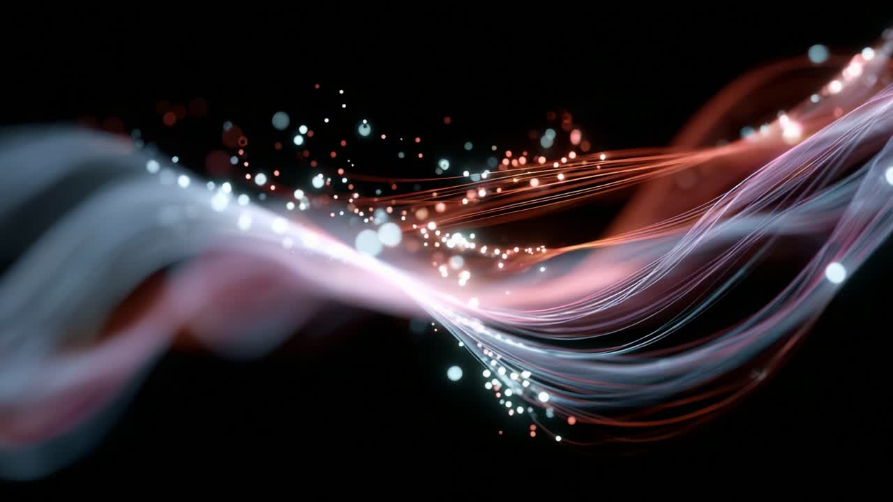 A dynamic visual representation of flowing energy, showcasing elegant wave patterns with bursts of light and color against a dark backdrop, creating an ethereal and mesmerizing atmosphere