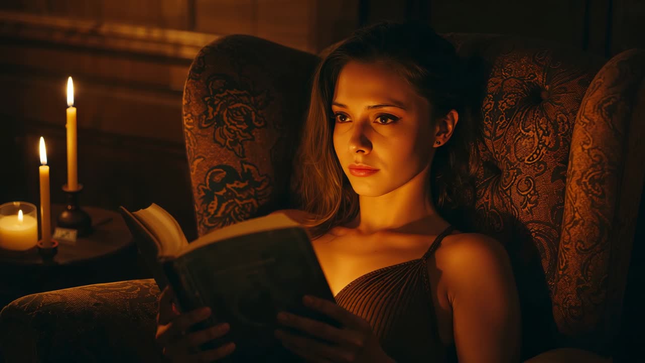 Flickering two candles motivating woman reading open book in armchair study corner, turning pages