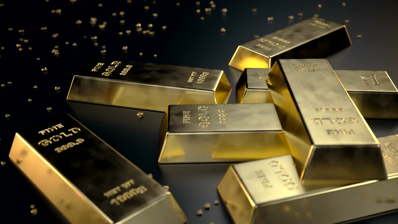 은 금 막대기 1000g 바닥에 어있는 금 조각. loopable 애니메이션. 부의 개념.