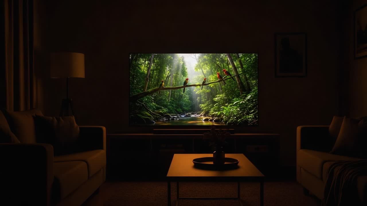 A Serene Evening in a Cozy Living Room with a Stunning Nature Scene Displayed on a Television, Featuring Lush Greenery and Colorful Birds on a Branch
