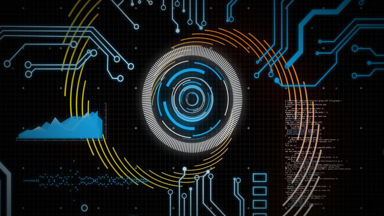 Animation of data processing with scope scanning over spinning lines on black background