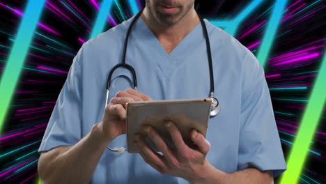 male doctor tapping tablet with stethoscope in medical tech studio, with neon data streaks