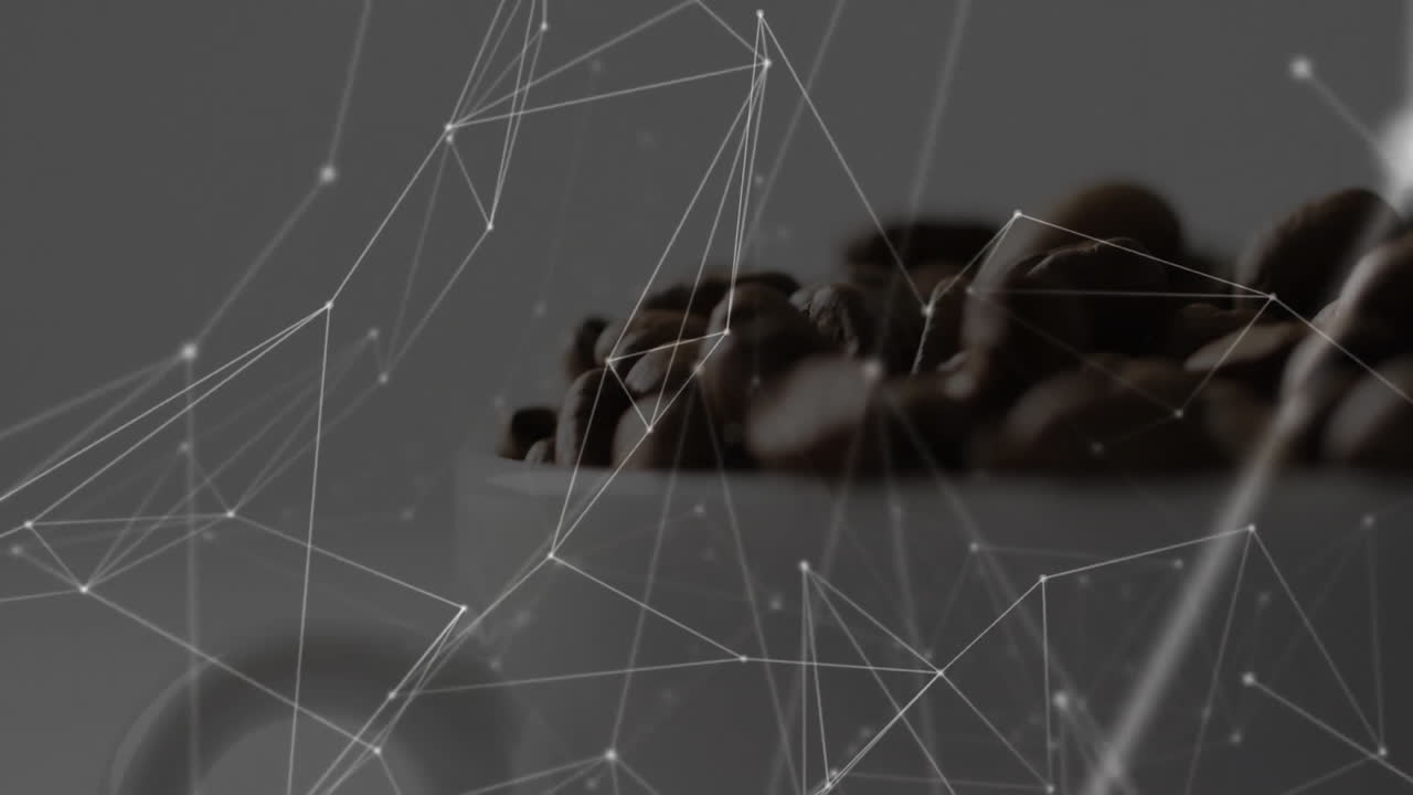 white ceramic cup showcasing dark roast coffee beans under glowing network overlay in 3D render