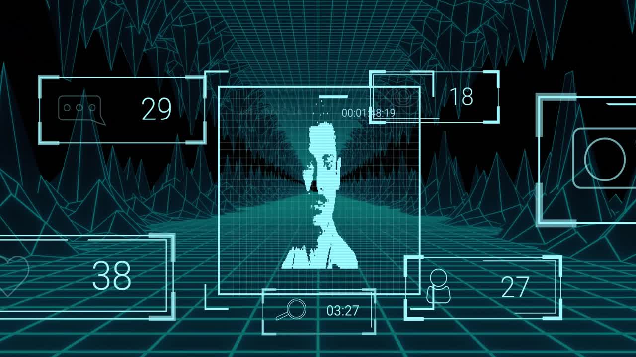 animación de fotos de usuarios, reacciones en las redes sociales y procesamiento de datos en el espacio digital