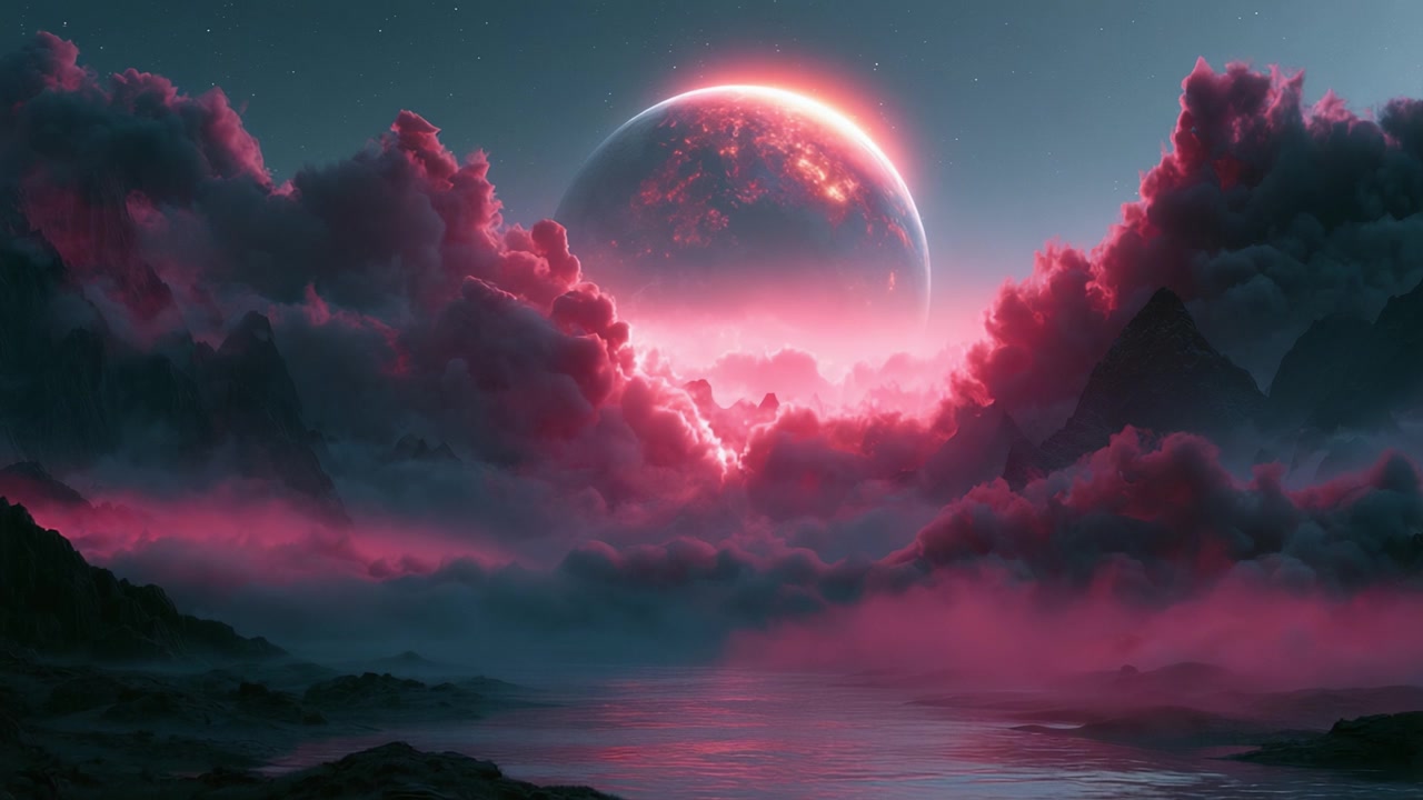 Uma Paisagem Cósmica Deslumbrante: Uma Vista Deslumbrante de uma Cena Planetária Rosada com Nuvens Exuberantes, Cores Vibrantes e Montanhas Majestosas Refletindo em um Corpo de Água Sereno