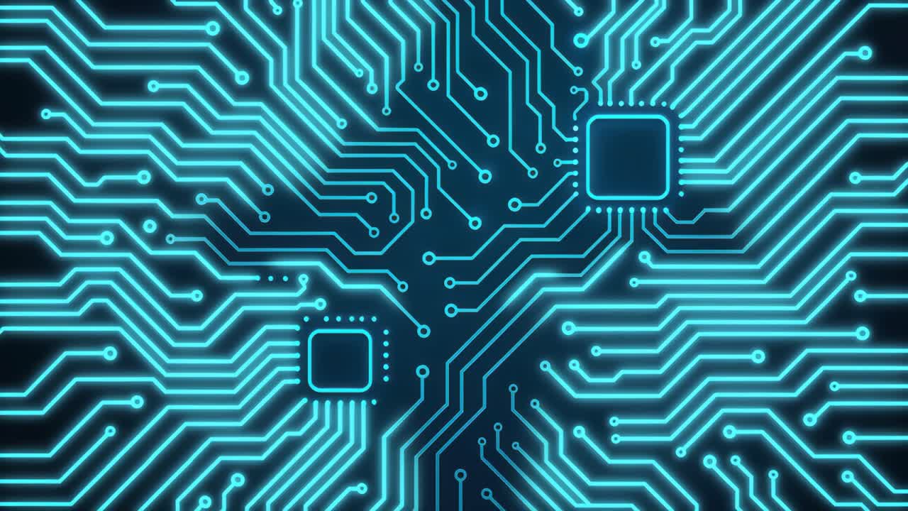 Top-down view of a glowing circuit board pattern, illustrating technology and connectivity