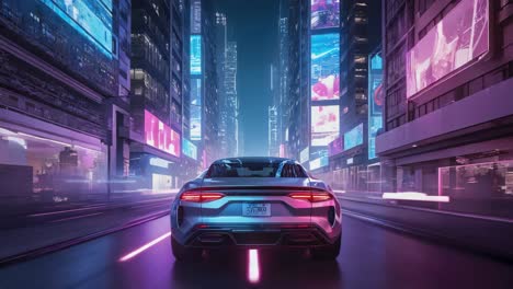 futuristic car driving through a neon cyberpunk city at night