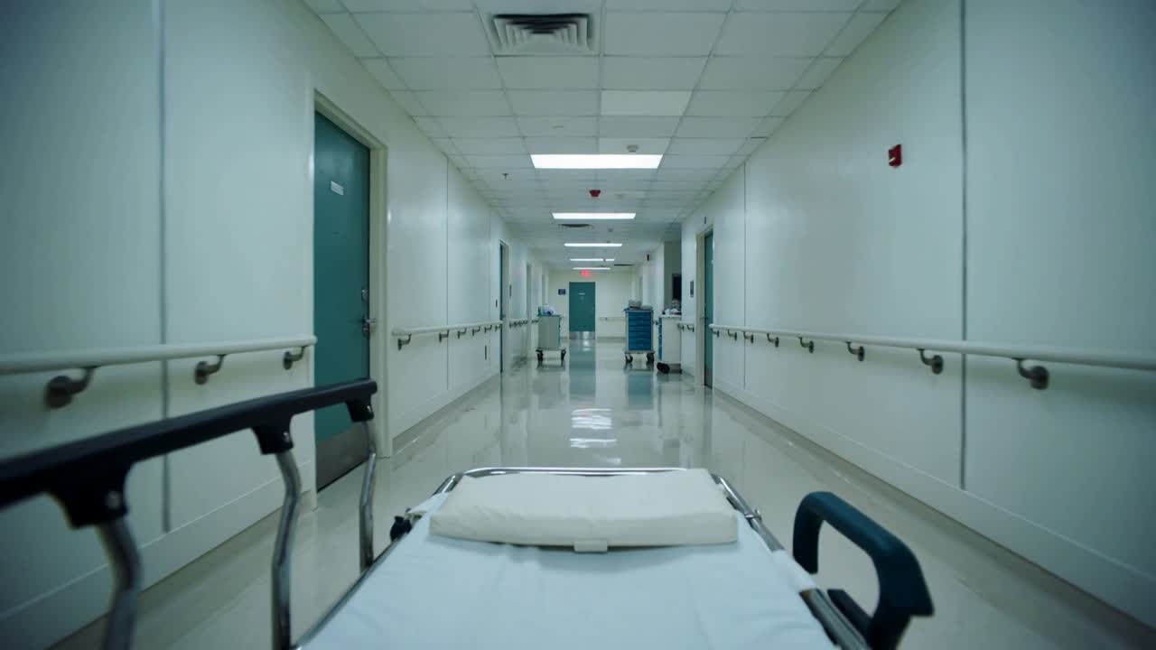 Pojízdné nemocniční lůžko s matrací a zábradlím se pohybuje po nemocniční chodbě poté, co je tlačí personál.