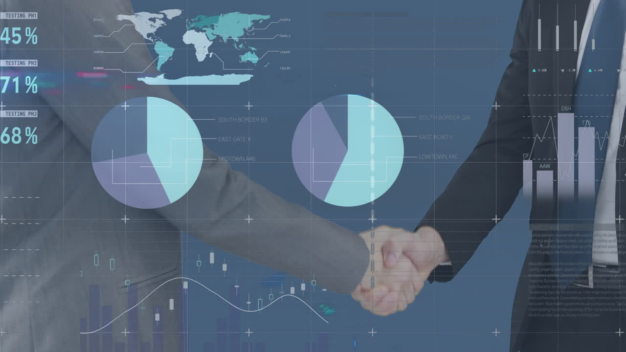 Animazione di elaborazione di dati finanziari su persone d'affari caucasiche che si stringono la mano