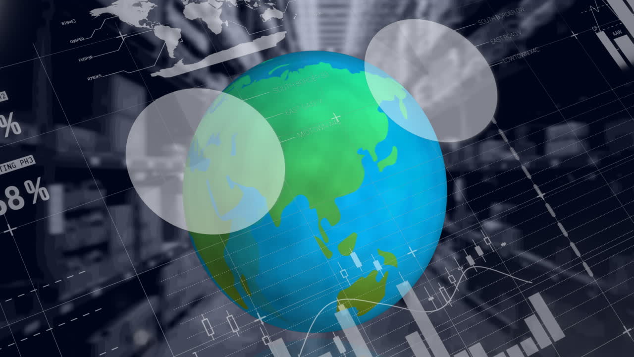 animación del procesamiento de datos, globo girando sobre el almacén