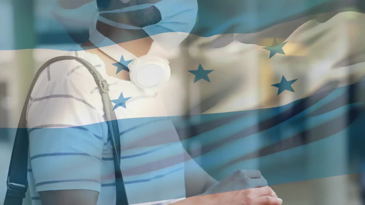 도시 거리에서 마스크를 쓰고 있는 라틴인 남자가 온두라스의  ⁇ 발을 흔들고 있는 애니메이션