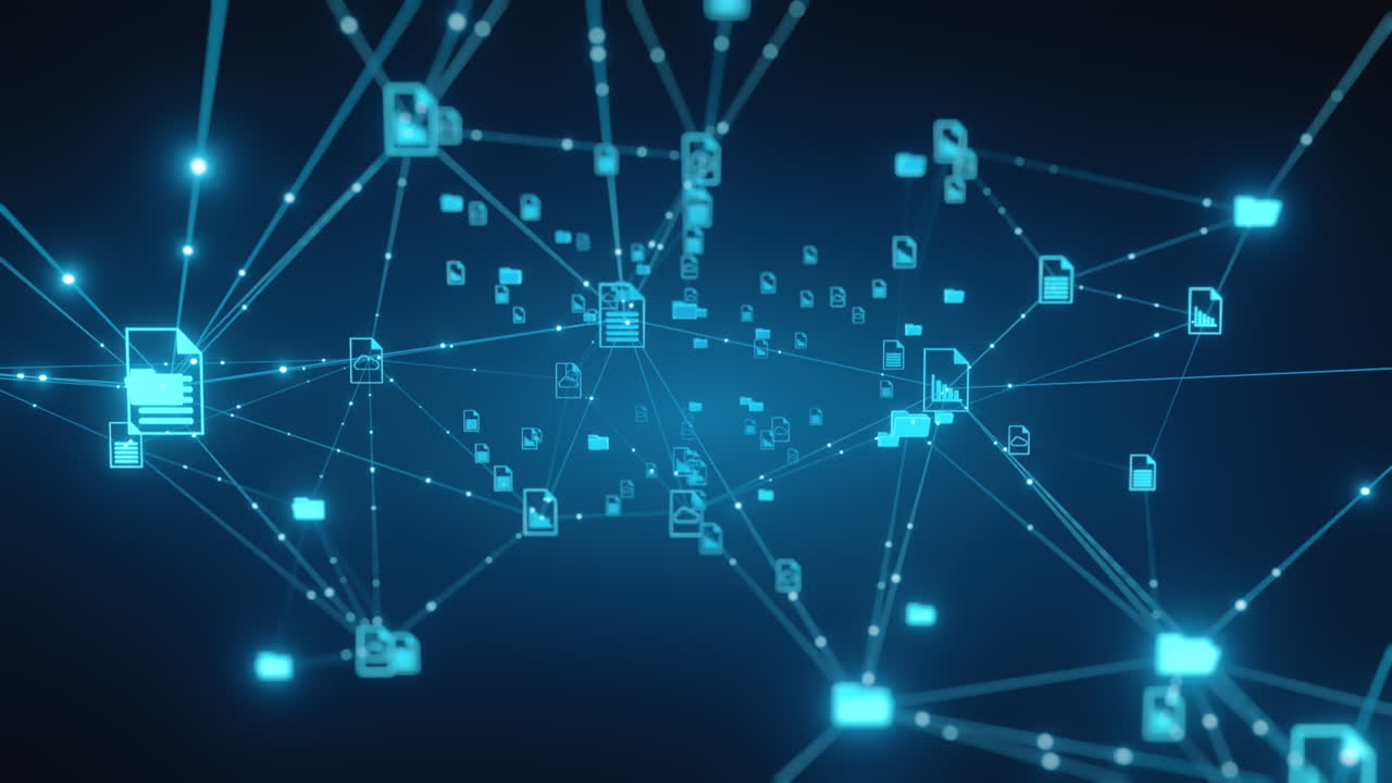 Abstract network background showing glowing nodes connected by lines, representing digital document and data management, cloud storage, and technology concepts