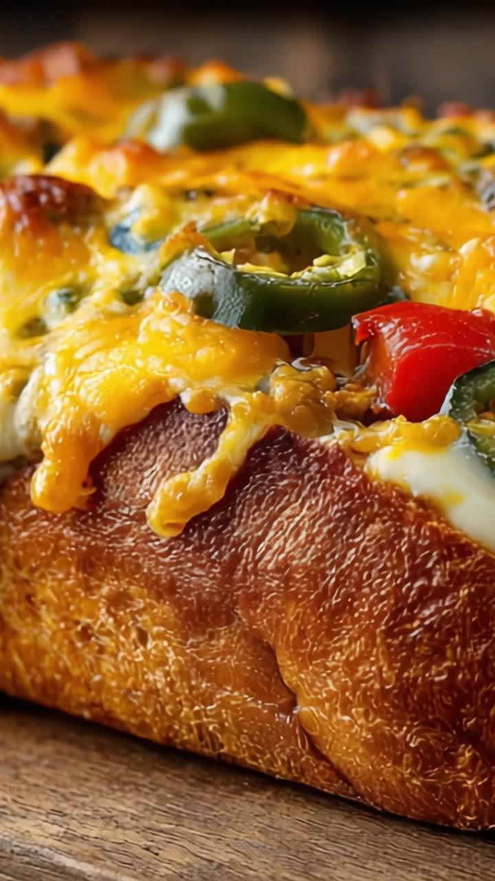 Formaggio fuso delizioso e verdure colorate su pane appena sfornato, mostrando una delizia culinaria che fa venire l'acquolina in bocca, perfetta per ogni palato.