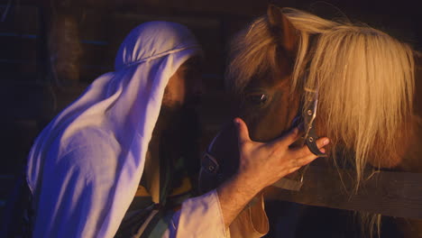 man caring for a horse in a stable