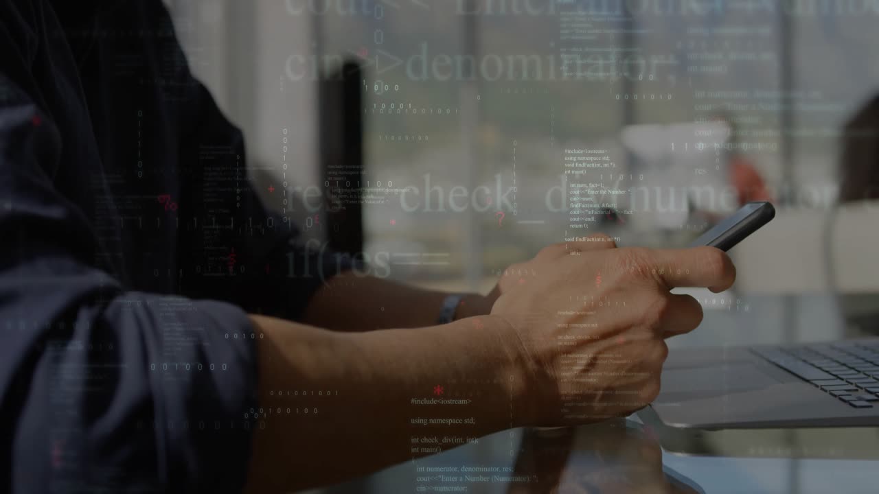 Tech workflow being animated with smartphone over glass desk next to laptop and code overlay