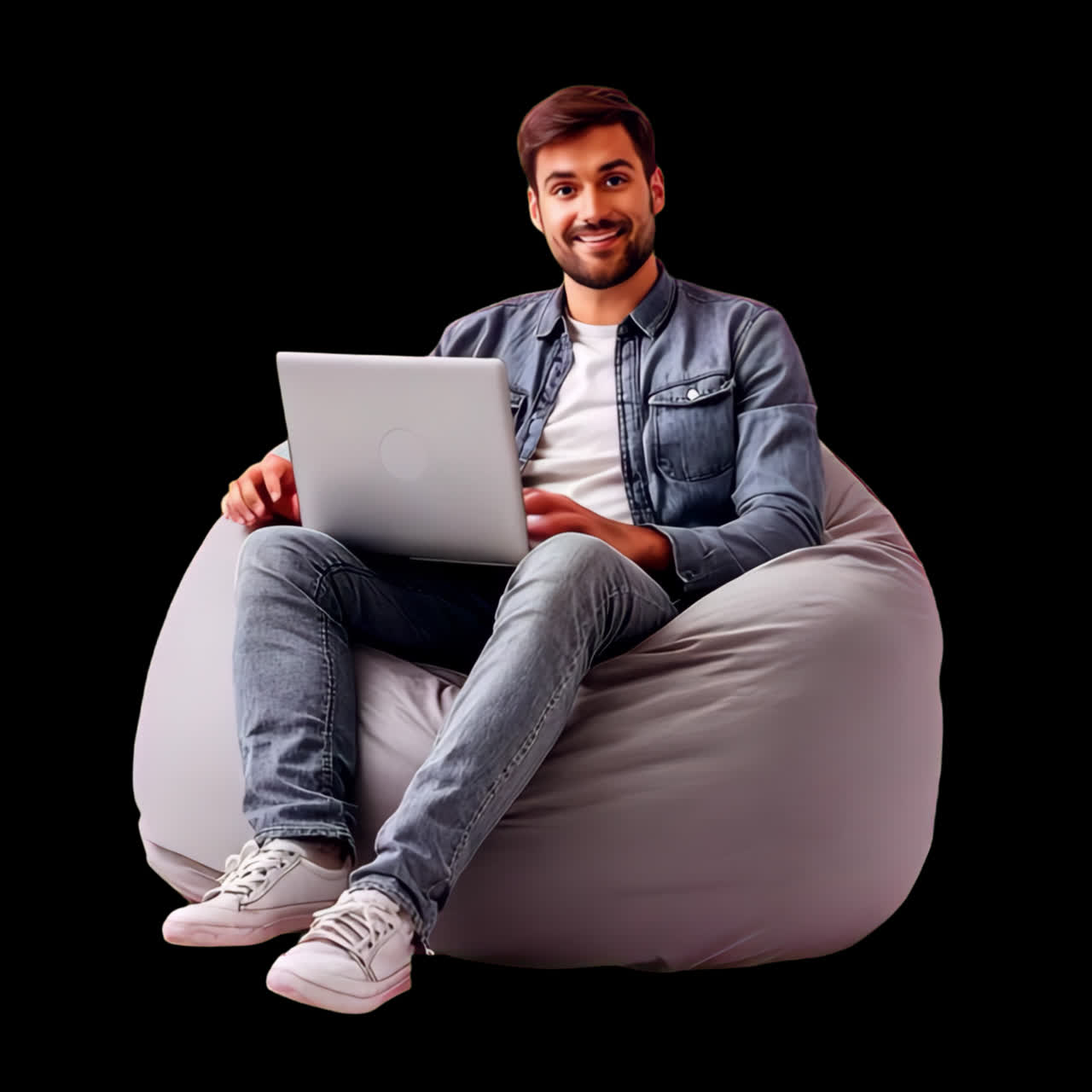 Relaxed man using laptop animation isolated asset, transparent 4K video, alpha channel, ProRes 4444
