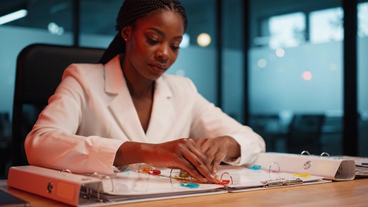Professionnelle concentrée organisant des documents avec des trombones colorés dans un bureau moderne, améliorant la productivité et le souci du détail.