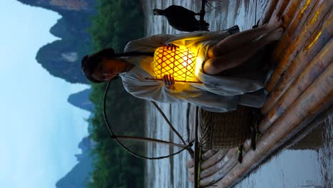 Barefoot-Hanfu-girl,-dressed-in-traditional-clothing,-places-an-illuminated-lantern-on-her-knees-while-sitting-on-a-bamboo-raft