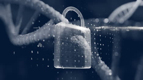 security padlock icon over dna structure spinning against blue background