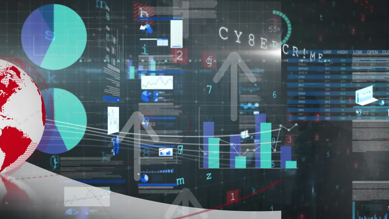 animación del procesamiento de datos y estadísticas en la pantalla sobre la advertencia de ataque cibernético