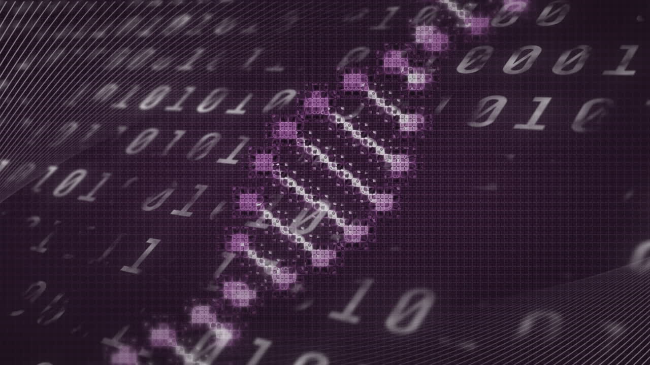 animación de la cadena de adn sobre la codificación binaria en fondo púrpura
