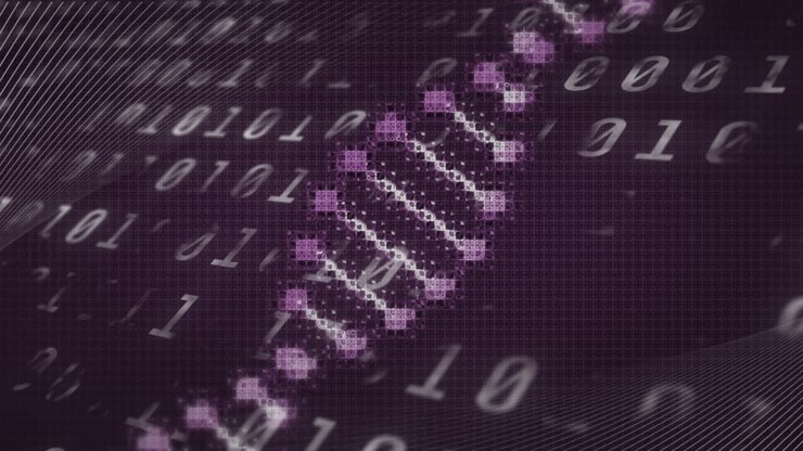 Animation of dna strand over binary coding on purple background