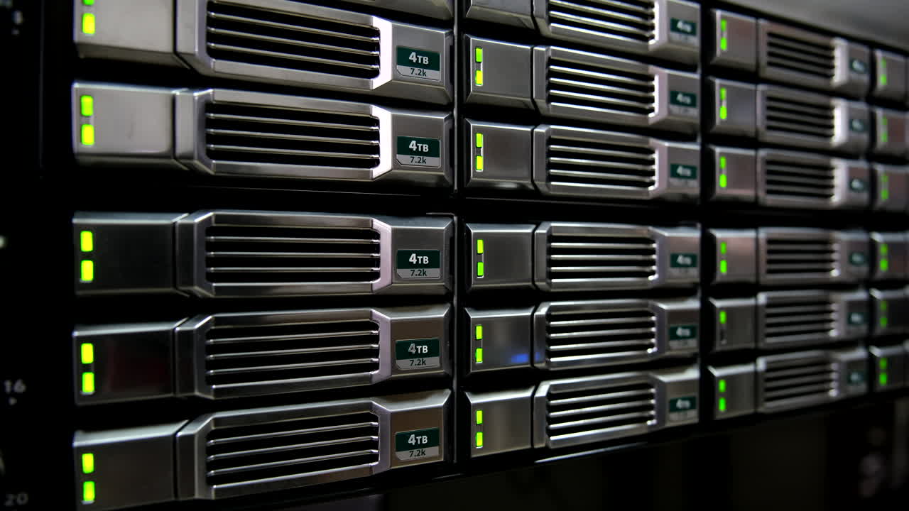 primer plano de discos duros de 4 tb en un rack de servidor