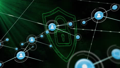 animación de conexiones de red de ciberseguridad a través del icono de escudo digital