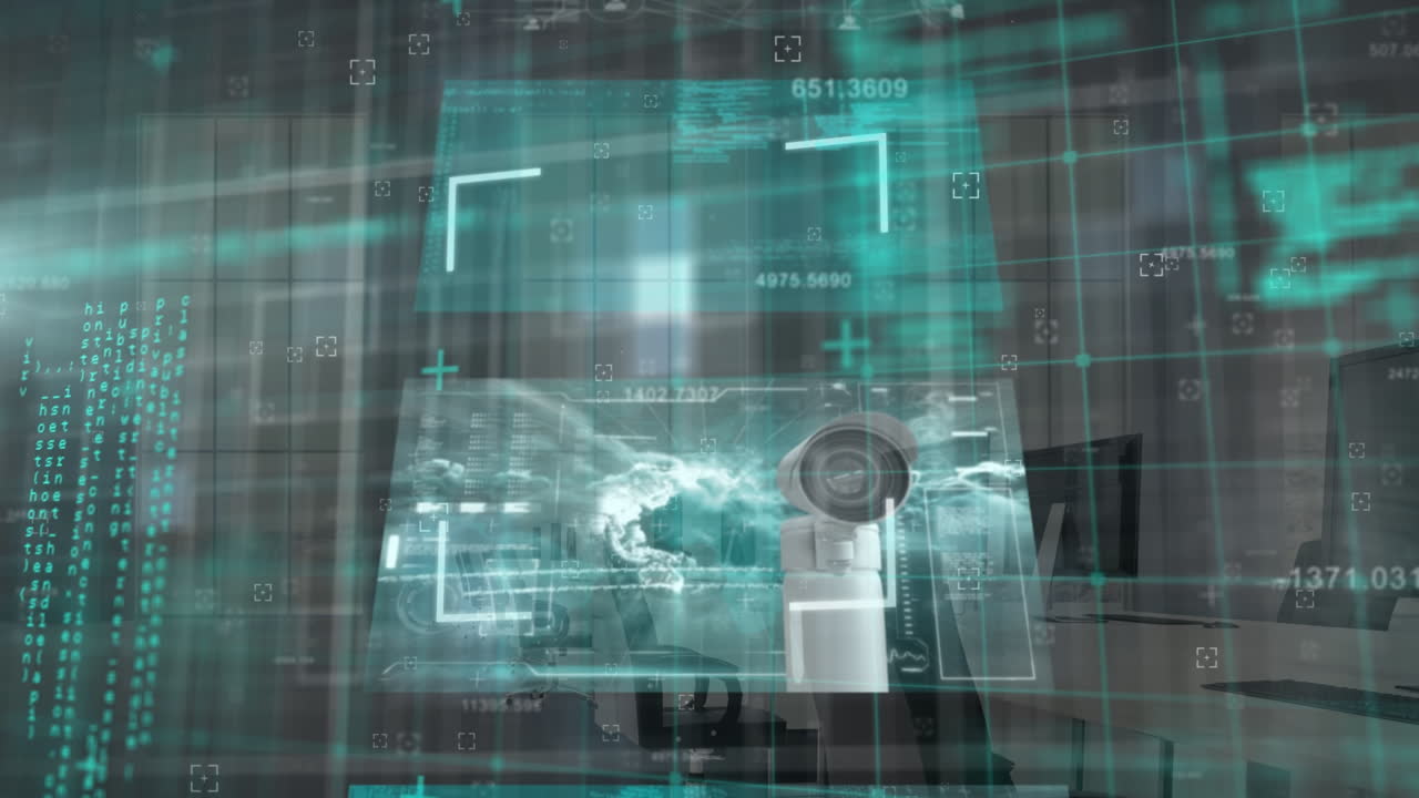 animación del procesamiento de datos y pantallas digitales en la oficina