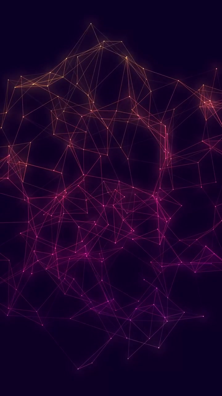 Luminous interconnected geometric lines and dots slowly morph across a dark vertical background.