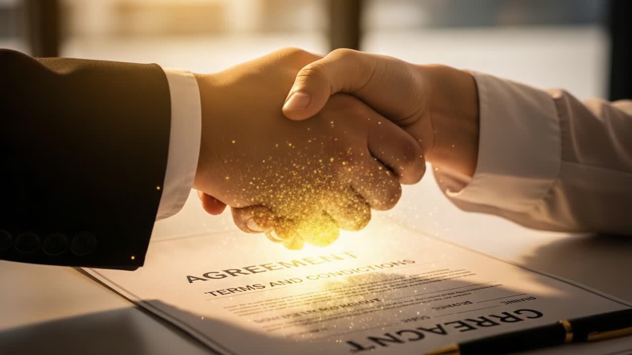 A Symbolic Handshake Signifying Mutual Agreement and Commitment Over a Document, Illuminated with Glittering Effects, Representing Trust and Collaboration in Business
