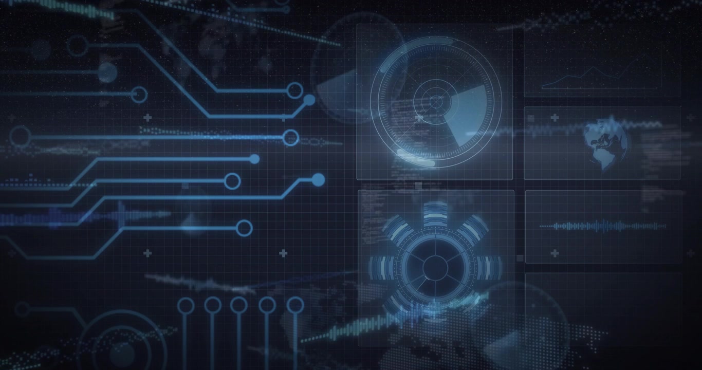 On left data pulse, circuitry glowing, stacked HUD rotating, waveform rippling, syncing display