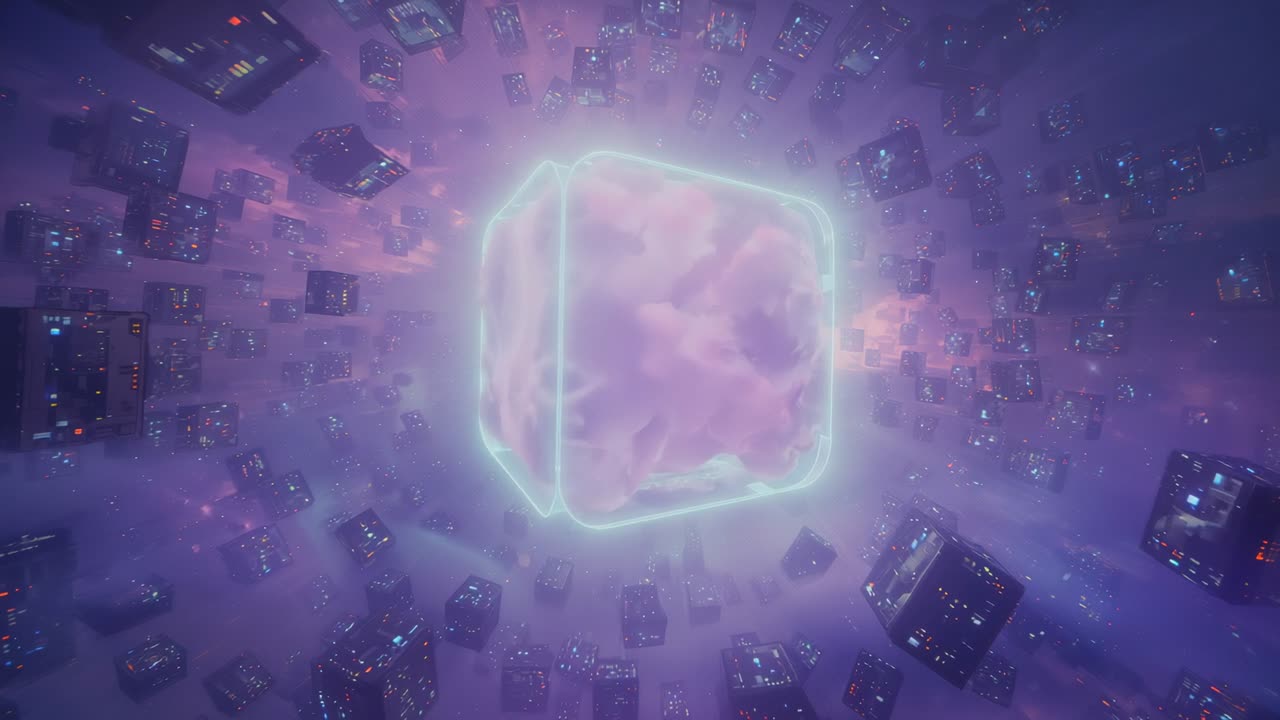 Opening glow pulsing energy cube with lit edges rotating within void, orbiting metallic cubes