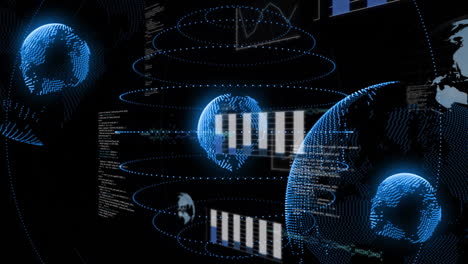 digital globe surrounded by data charts and graphs, global data analysis animation