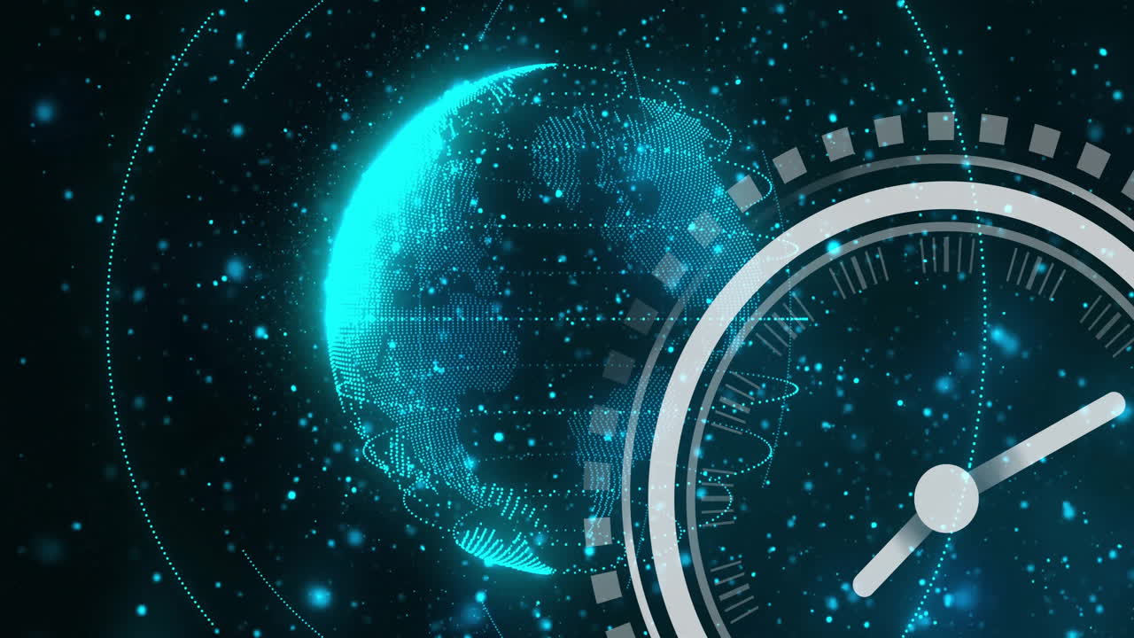 Animation of moving clock over globe and light spots on black background