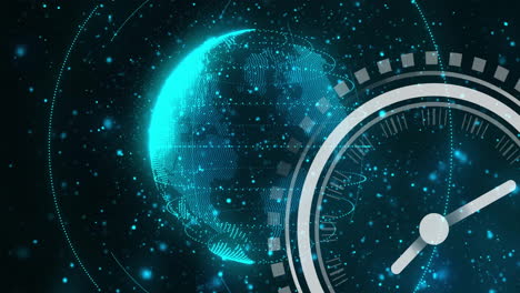 animation of moving clock over globe and light spots on black background