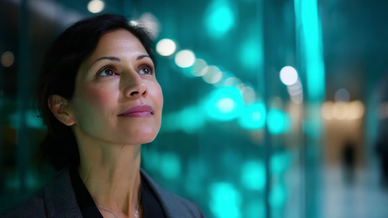 A contemplative woman gazing upwards, lost in thought amid a backdrop of futuristic, glowing lights that evoke a sense of wonder and introspection, thoughtfully reflecting on her aspirations and dreams
