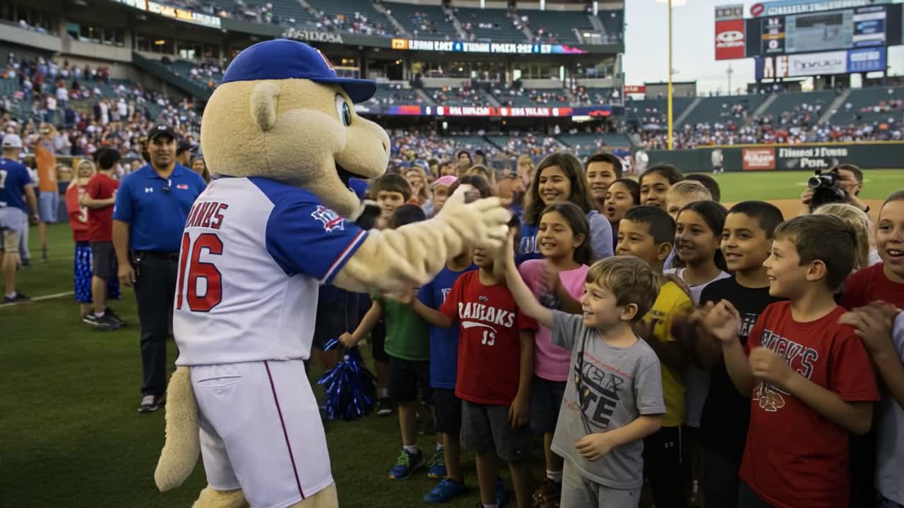 A joyful mascot interacts with enthusiastic children at a lively sporting event, creating memorable moments filled with laughter and excitement in the stands